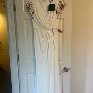 Mac Duggal White Pleated Maxi Gown with beading